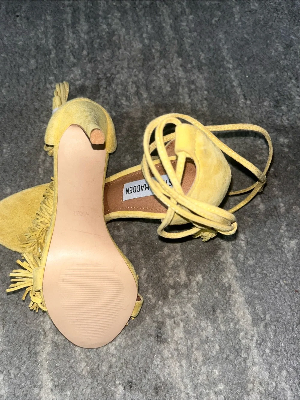 Steve Madden Yellow Fringe Suede Ankle-Tie Heels